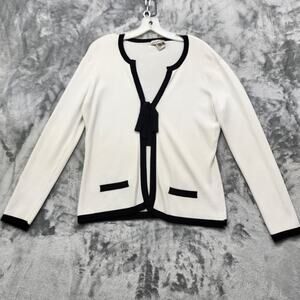 Vintage Notations Sweater Womens M White Black Tie Front Preppy Rayon Nylon Knit